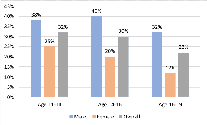 Proportions of young people who want to become engineers, by age group and gender, 2017