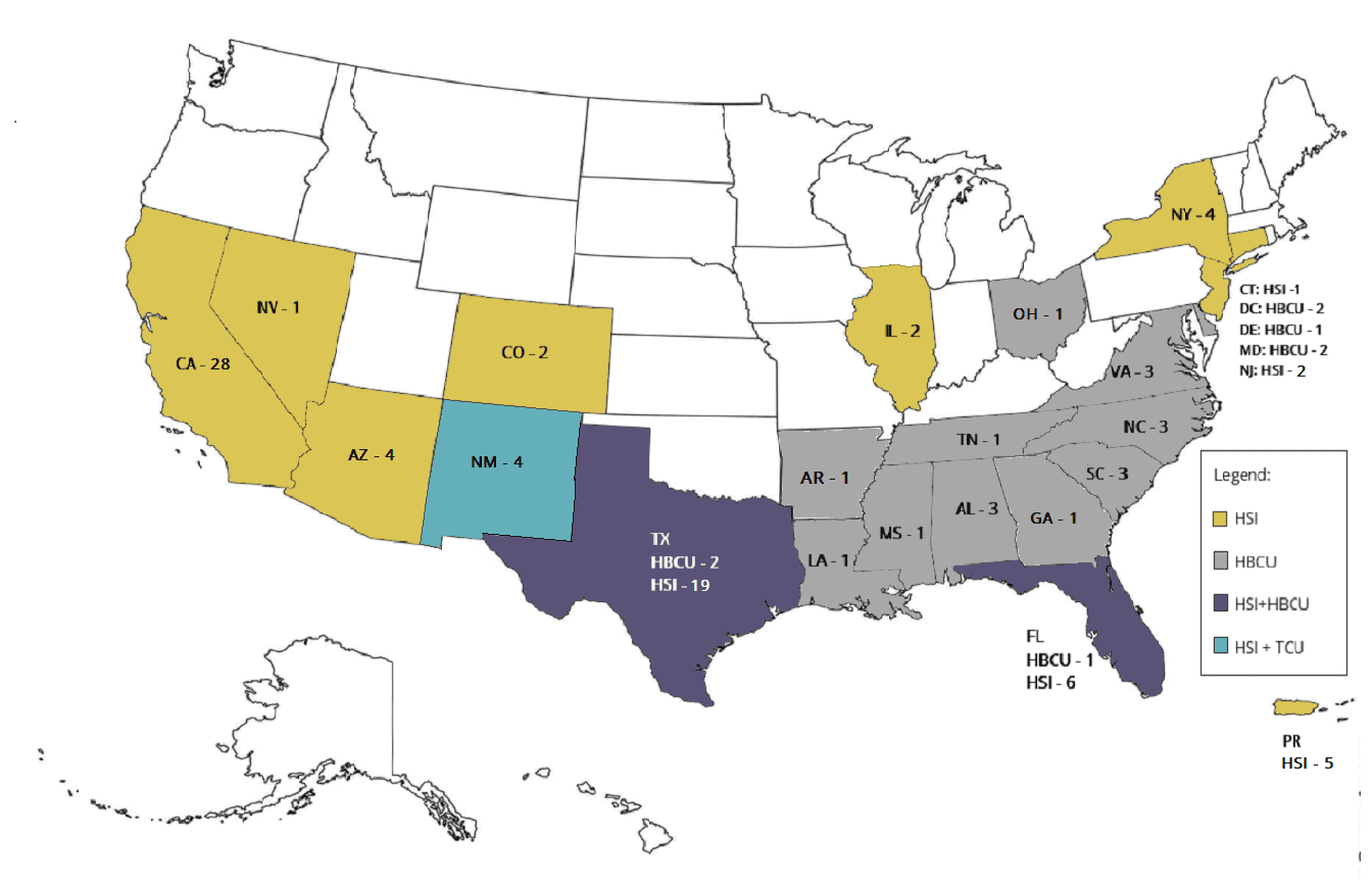 Map of the U.S. with states colored if they had MSI institutions that awarded engineering degrees to women.