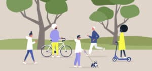 vacation illustration with figures walking, biking, running in park path